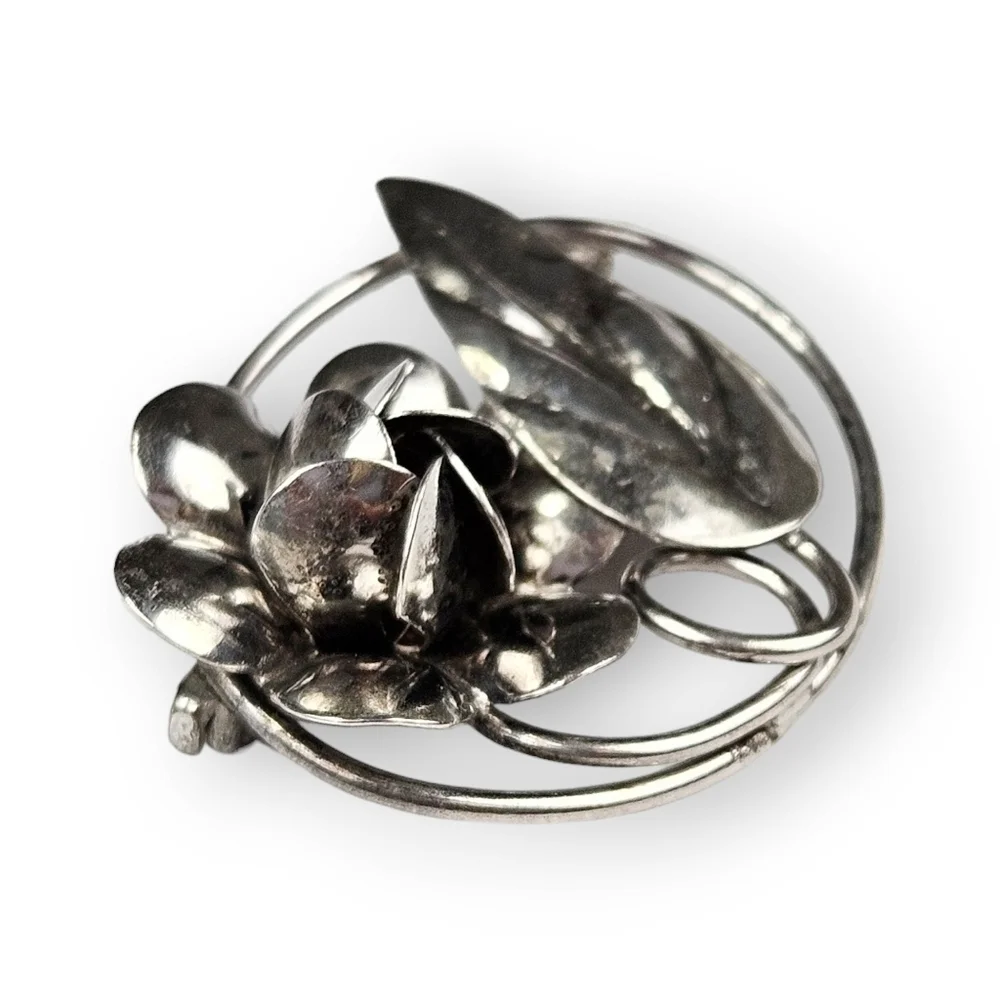 Vintage Sterling Rose Brooch Floral Dimensional Flower 925 Silver 1950s 1.25